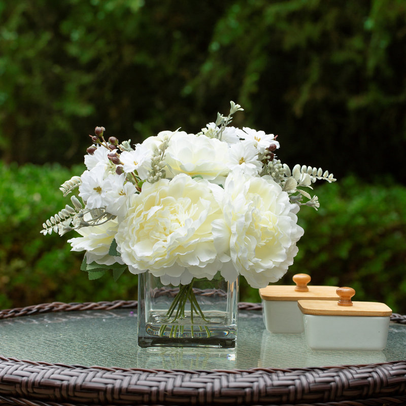 Silk Peony Arrangement in Vase, Cream