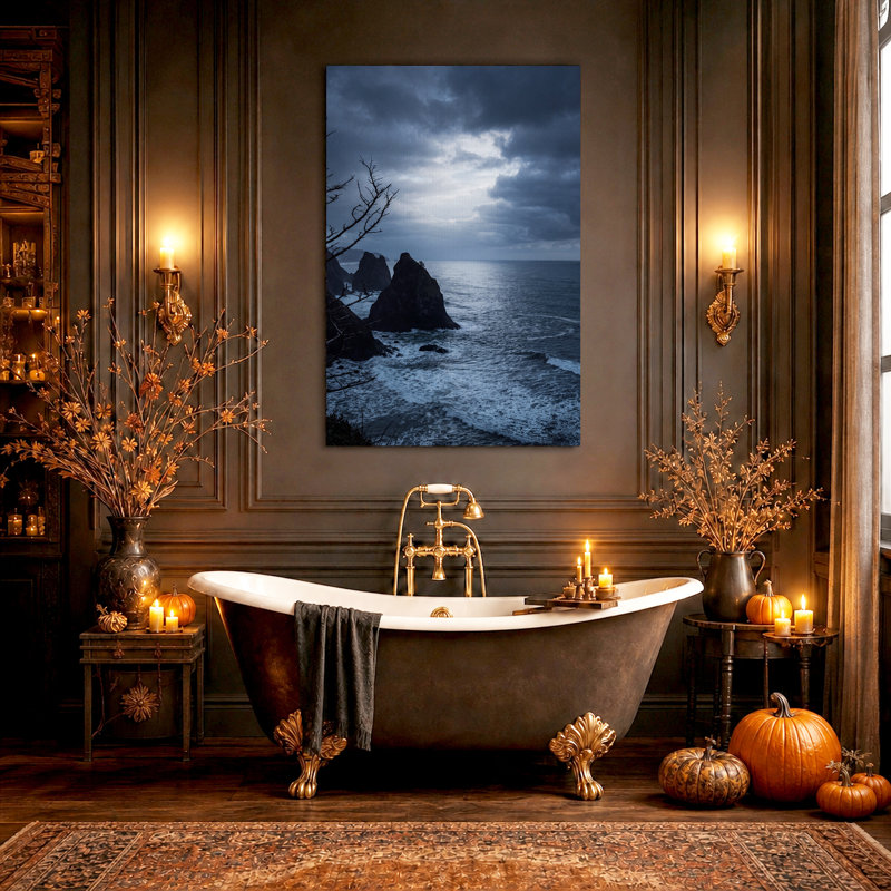 Toile murale d'Halloween représentant des rochers bleus et des vagues océaniques, 48"H x 32"W