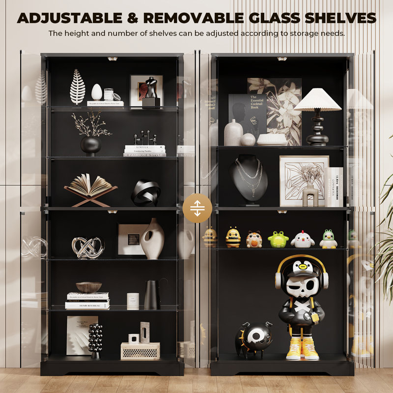  71" Display Cabinet with Glass Door, 6-Tier Curio Cabinet with 3 Color Lights, Black