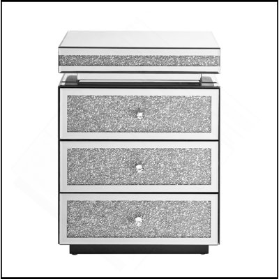 Mirrored Nightstand With 3 Drawers, Silver Nightstand With Crystal Inlay, Mirror End Table, Modern Bedside Table, Glass Table For Bedroom, 13.8''W X 17.7" L X 23.6" H