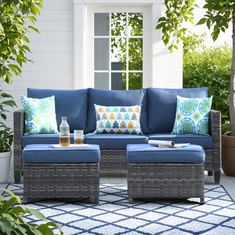 Ensemble de conversation pour 2 personnes en osier / rotin avec coussins Joette (ensemble de 2), Bleu denim
