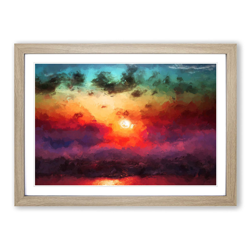 Rainbow Sunset over the Ocean in Abstract - Picture Frame Painting Print, Oak, 60cm H x 91cm W x 2cm D