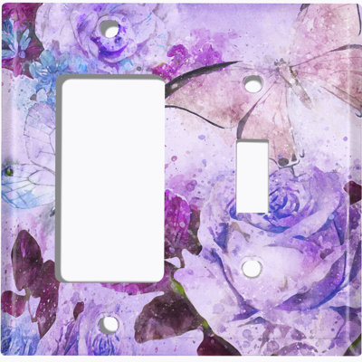 Couvercle de prise de plaque d'interrupteur d'éclairage à motifs en métal (fleur blanche rose mauve - (G) simple GFI / (R) simple à bascule) 2 bandes de lumière