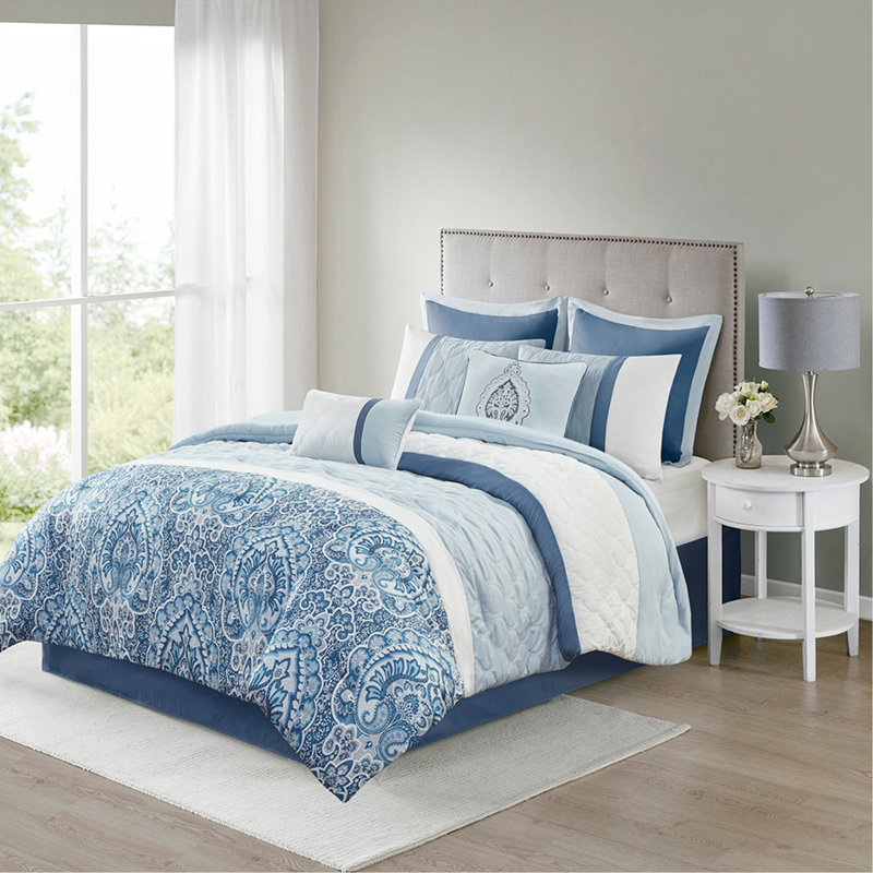 Ensemble d'édredon 8 pièces pour très grand lit, Bleu, Édredon très grand et 7 pièces supplémentaires