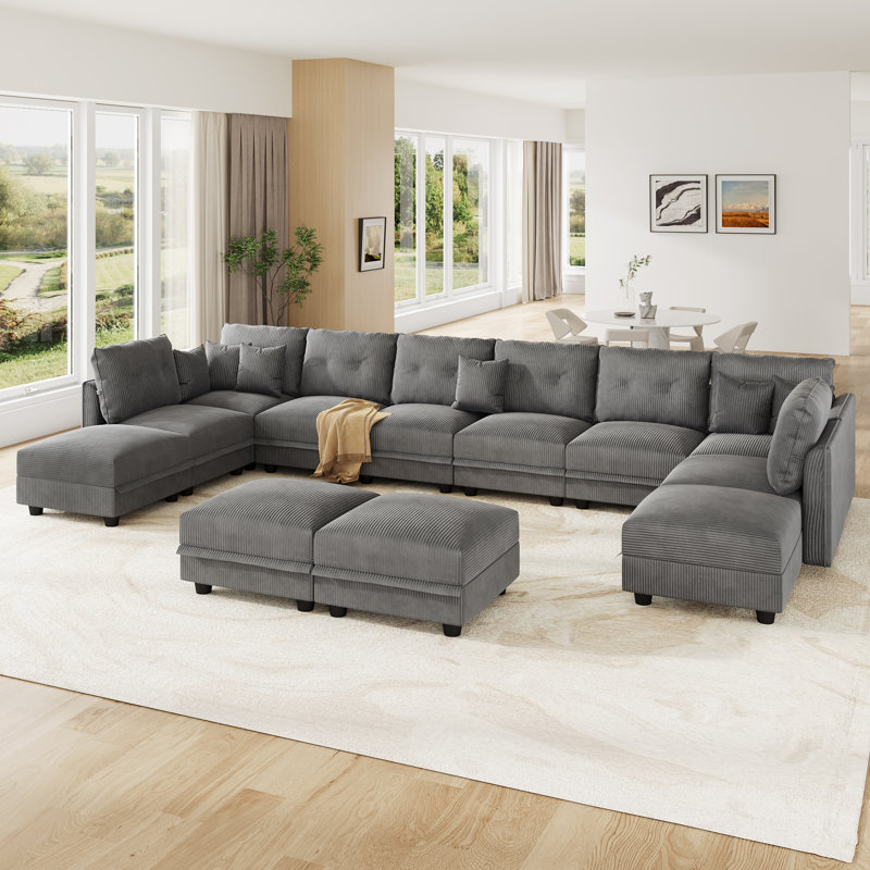 Canapé modulaire convertible 12 places en velours côtelé avec rangement, 8 coussins de dossier et 8 coussins décoratifs