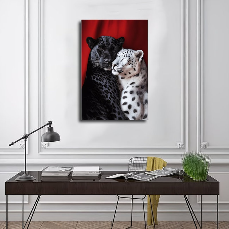 30*20，2D Flat, 1pc, Wooden Framed Canvas Art Print- Black Leopard& Snow Leopard Hugging on Red Background, Vertical Wall Decor with Hook Installation.