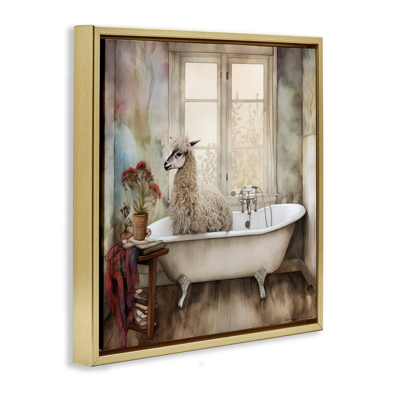 Cadre flottant Shaggy Alpaca Bath Time, design par Sasha, H 18 po x l 18 po, Cadre flottant métallique doré