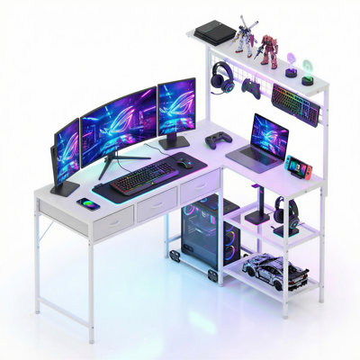 50.4" L Shaped Computer Desk with Power Outlets and Hutch LED Lights Gaming Desk