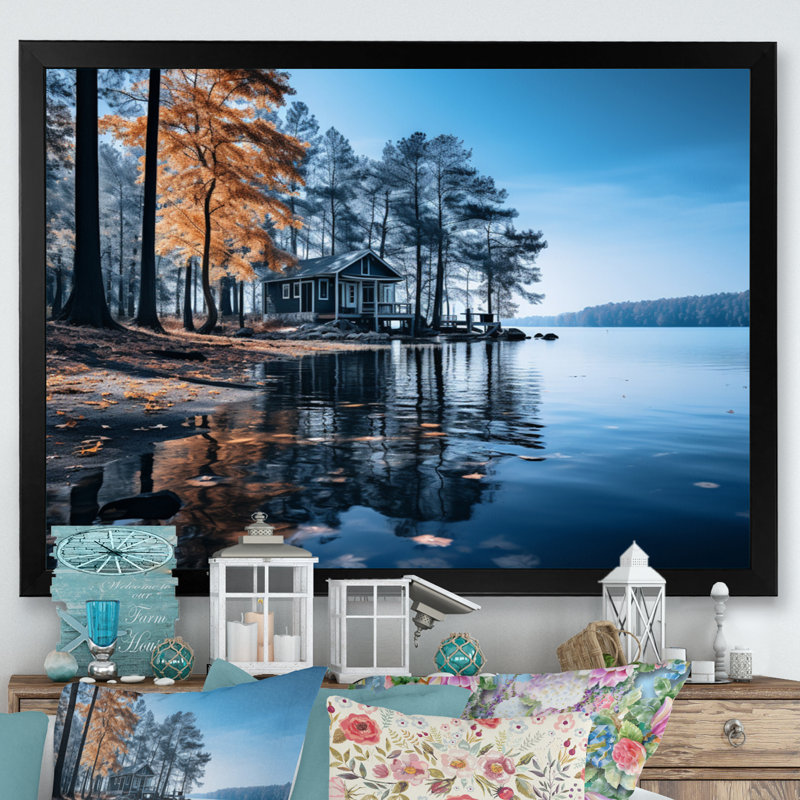 Lake Blue Lakeside Whispers - Lakes Lakehouse, art mural, H 12 po x l 20 po x P 1 po, Cadre simple noir
