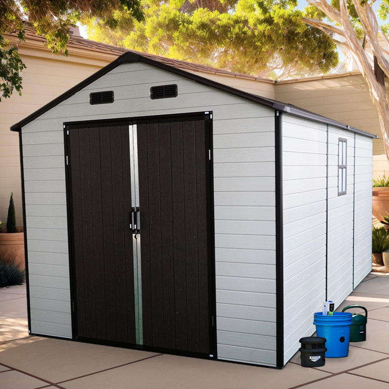 Remise de rangement extérieure en résine 8 pi x 14 pi x 7,6 pi avec fenêtres, structure et plancher en aluminium, idéale pour les décorations saisonnières de jardin