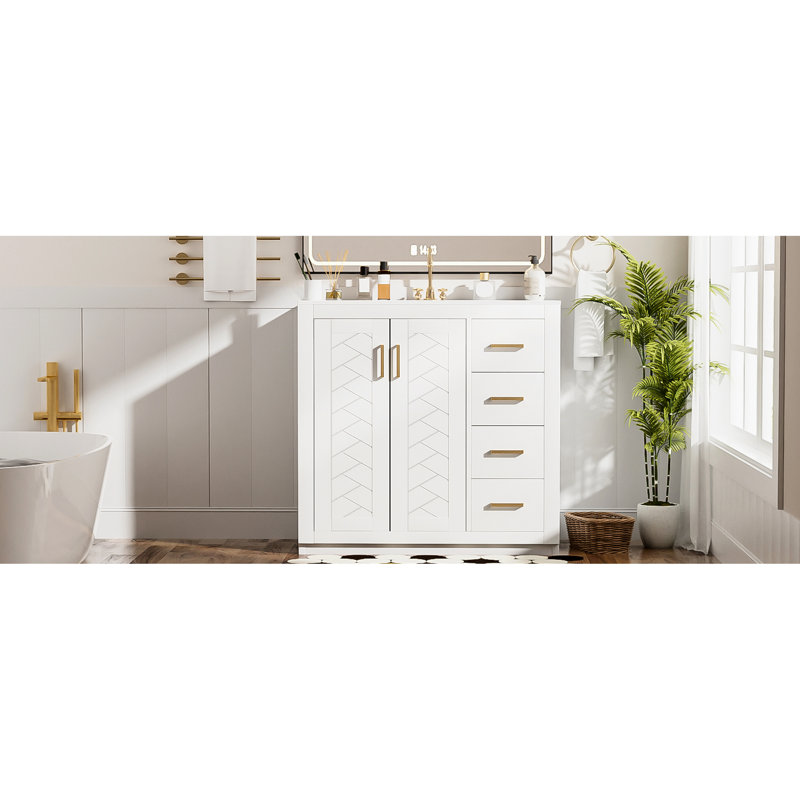 Meuble-lavabo de 36 pouces avec lavabo en céramique, glissière à tiroir lisse en bois massif, charnières, rangement spacieux, couleur blanche, style moderne, cadre de rangement facile à assembler, trois tiroirs, portes, rétro