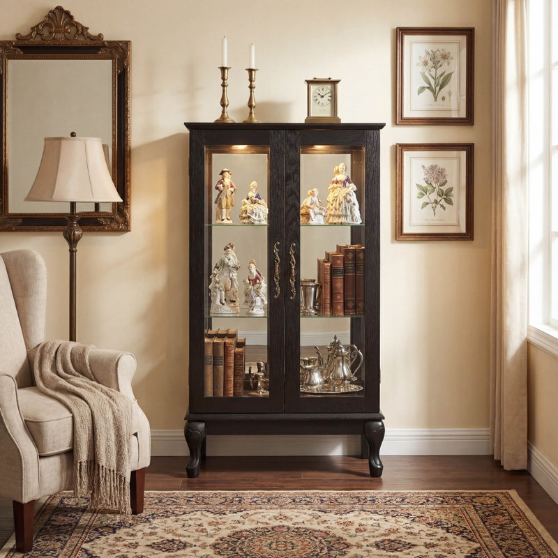 Vitrine lumineuse avec portes en verre trempé, panneau arrière en miroir et tablettes réglables, ampoule incluse, pour la maison ou le bureau, en noir