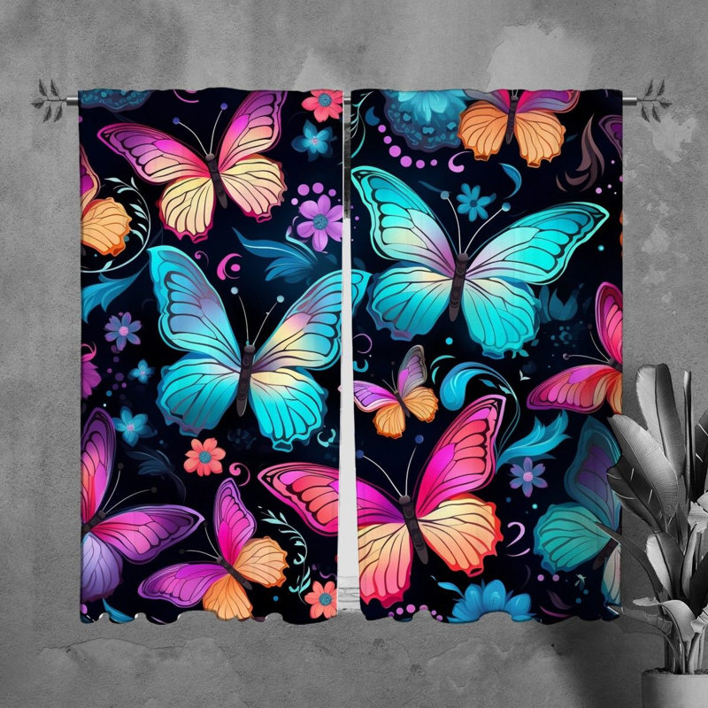 Rideaux de fenêtre Butterfly, animaux, drapés, bleu / rose, L 40 po x L 61 po