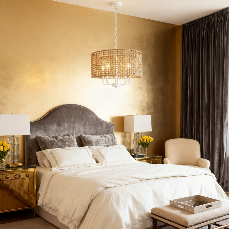 Luminaire suspendu de style lustre en rotin 5 lumières Farmhouse Boho