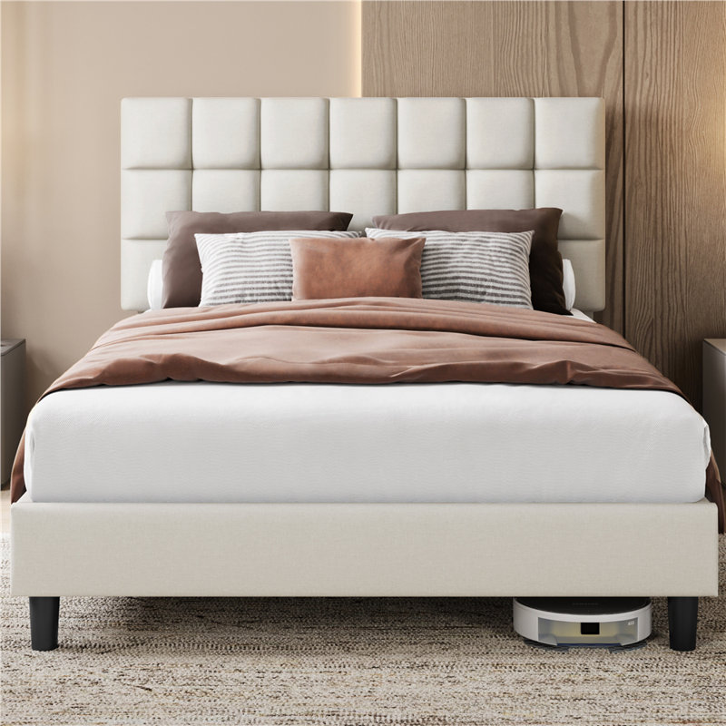 Size Modern Upholstered Bed Frame with Adjustable Square Tufted Headboard, Beige, Kingsize (5')