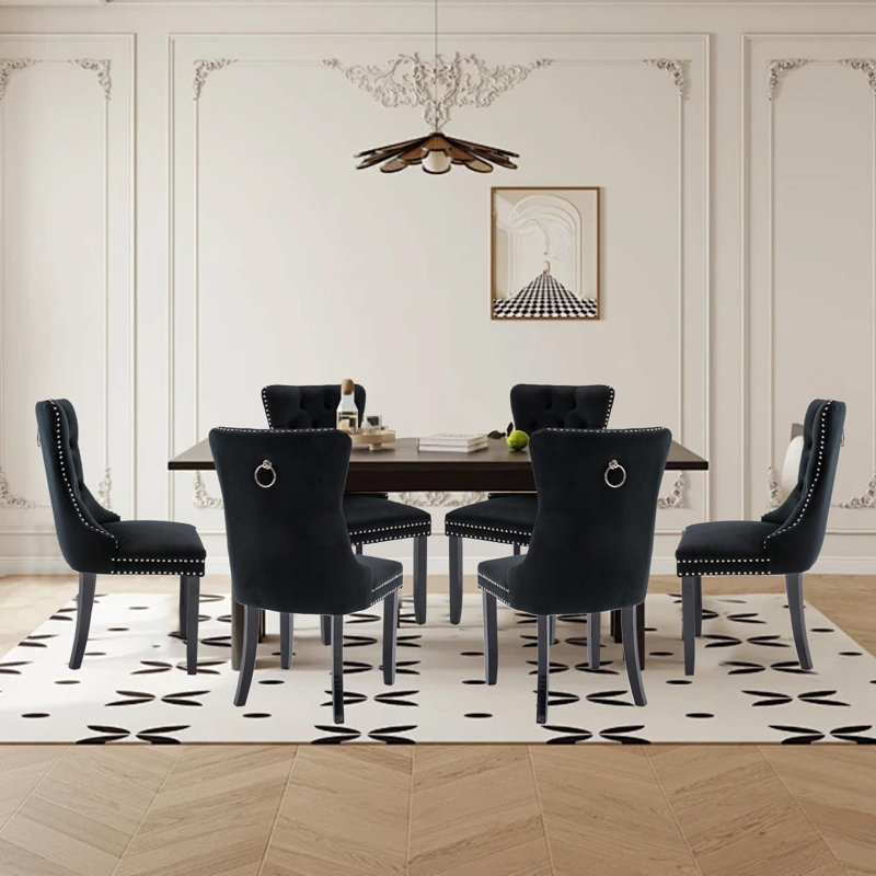 Black Velvet Tufted High Back Dining Chairs Set of 6