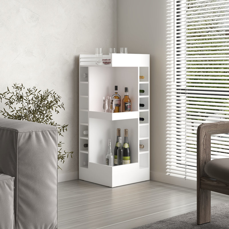 46" Tall White Corner Bar Cabinet With 14 For A Cozy Atmosphere Liquor Bottle Cabinet, White, Elegant Design, White