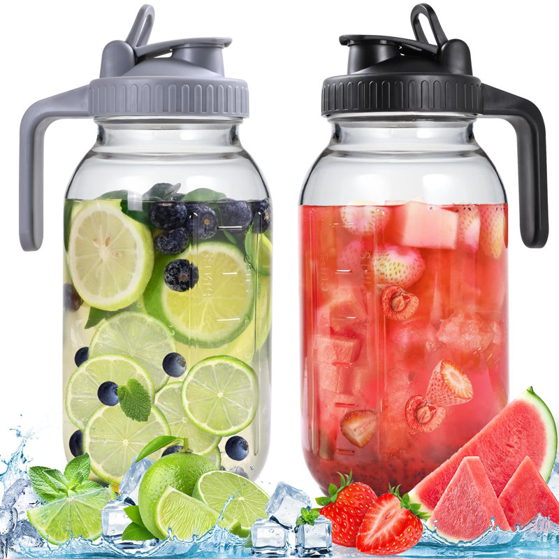 Pichets en verre avec couvercle, ensemble de 2 bocaux Mason hermétiques à l'épreuve des fuites de 64 oz, carafes à large ouverture pour café infusé à froid, thé glacé, lait, conservation des aliments, pot à thé Sun.