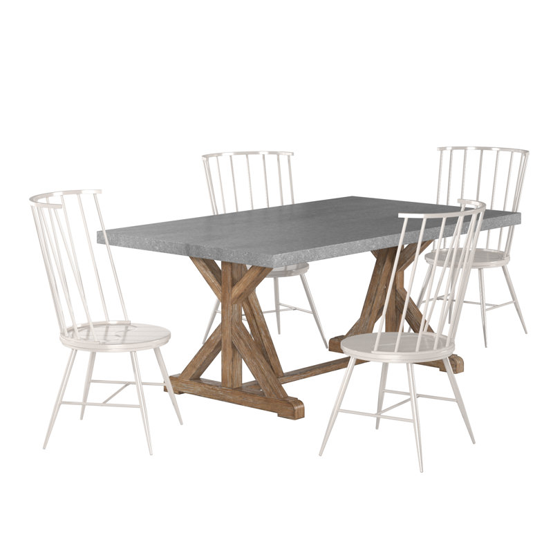 Durga Rustic Pine Frame Concrete Veneer Top Dining Table And Windsor Chairs Set - Full Concrete Veneer Top Table And 4 Chairs
