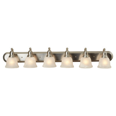 Sutherland 6-Light 48 inch Wide Brushed Nickel Transitional Bathroom Vanity Lighting Fixture, White Alabaster Glass Shade, Dimmable, LED Compatible, Over the Mirror Wall Mounted, Full Backplate