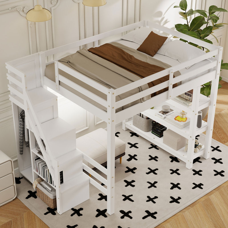 Full Size Loft Bed with Storage Staircase, Shelves, Wardrobe & White LED Light, Solid Pine Wood, White