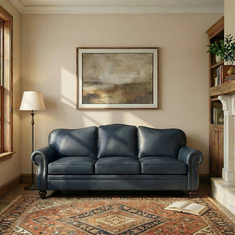 Eugene 81" Traditional Genuine Leather Sofa, Navy