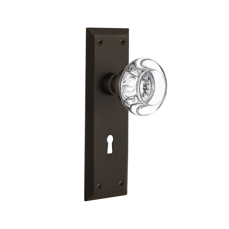 New York Plate with Decorative Keyhole and Round Clear Crystal Door Knob, Oil-Rubbed Bronze