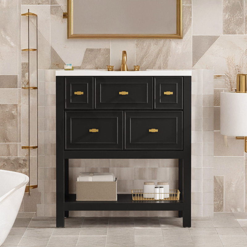 Ensemble de meuble-lavabo à 5 tiroirs avec lavabo en céramique, Noir