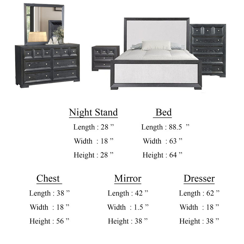 Ensemble de chambre avec grand lit, commode, table de chevet 5 pièces Kizie, Noir / blanc