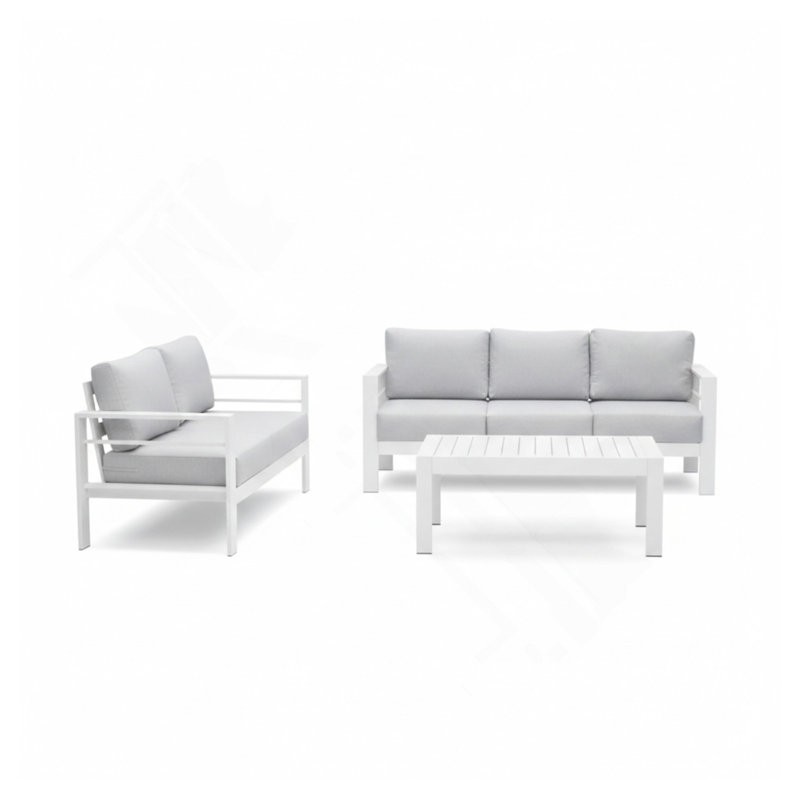 Ensemble de conversation de patio 3 pièces en aluminium 3 pièces, canapé d'extérieur 5 places avec coussins gris clair épais et structure blanche et table basse