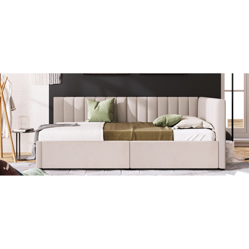 Beige Linen Upholstered Daybed With 2 Storage Drawers, Twin Size, , No Box Spring Fabric Bed Size Daybed,, Beige