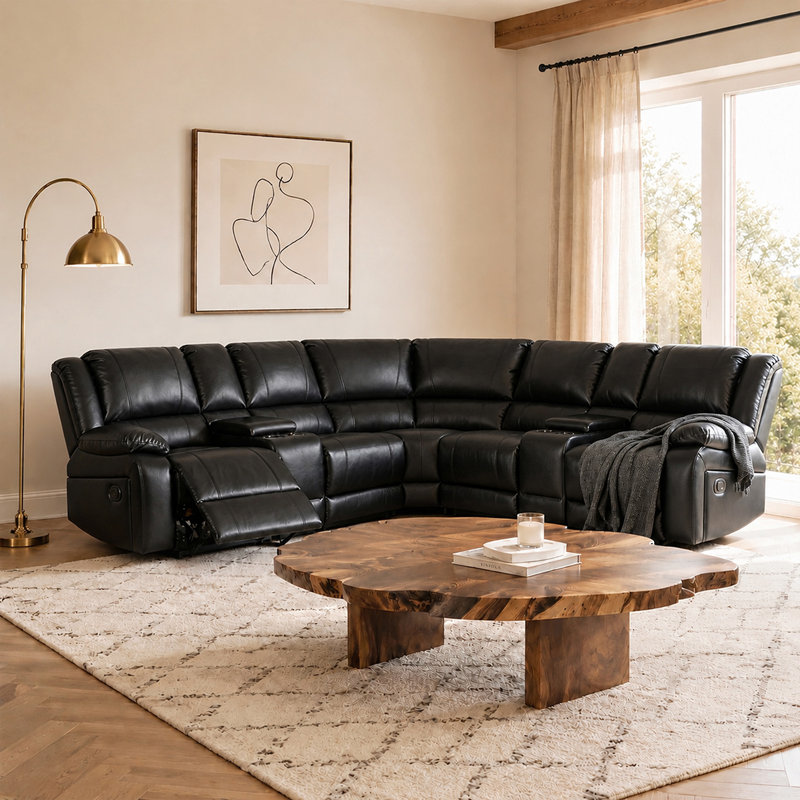 109" Wide Reversible Reclining Corner Sectional Sofa with Storage & Cup Holder, Black Faux Leather