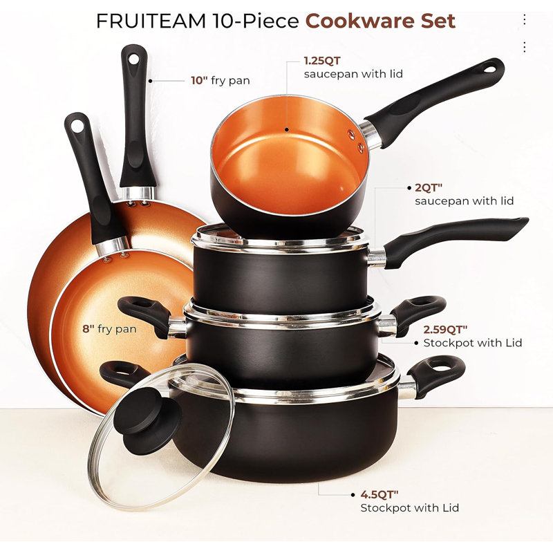 10-Piece Copper and Black Non-Stick Cookware Set with Wooden Handles