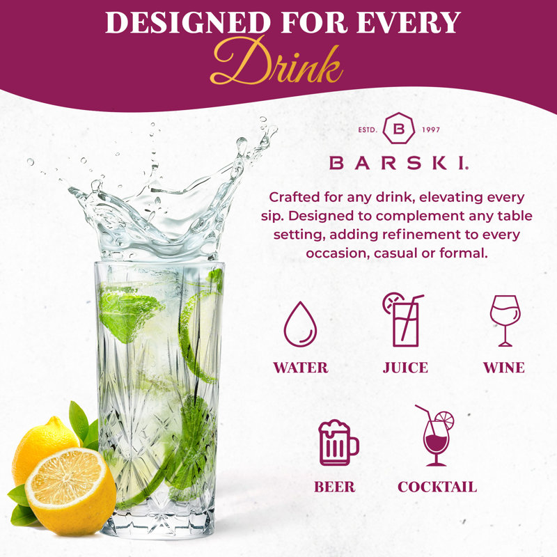Highball Glass - Drinking Glasses - Set of 4 - Hiball Tumblers - 12 oz, Made in Europe