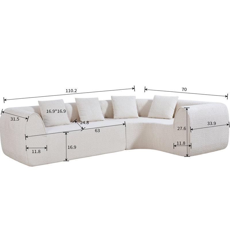 Canapé modulaire incurvé moderne en forme de L avec éponge entièrement compressée haute densité, entièrement assemblé faisant face à la droite pour un confort spacieux et une intégration harmonieuse dans le salon.