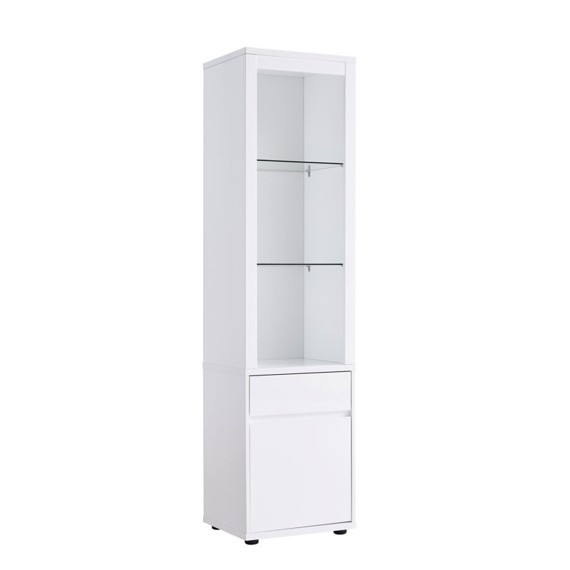 Vitrine contemporaine blanche avec trois tablettes, une avec deux tablettes et un tiroir lumineux à DEL avec rangement pré-assemblé