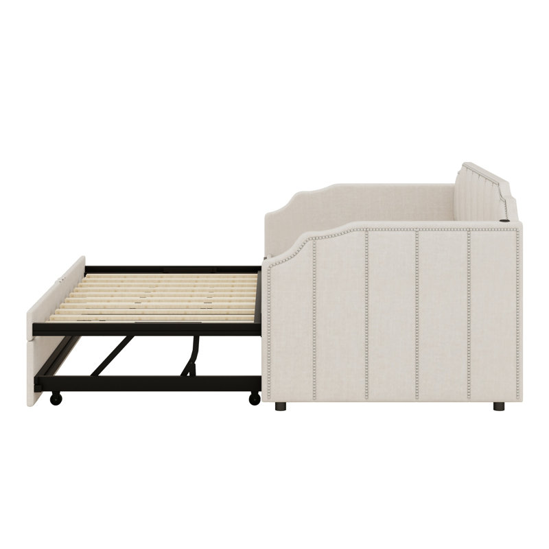 Upholstered Daybed with Pop-Up Trundle, Beige