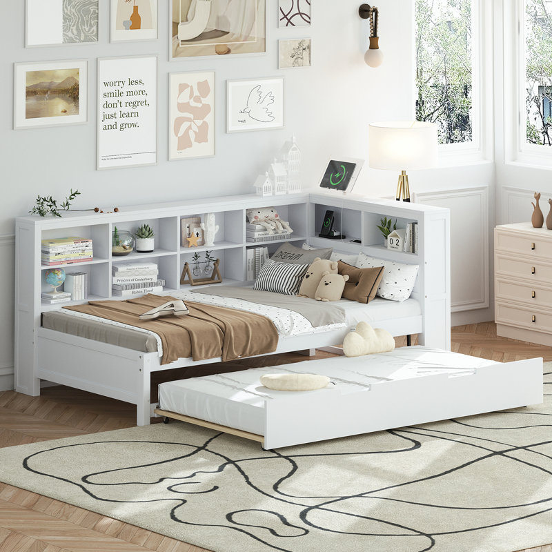 Twin Size Daybed With Twin Size Trundle, Storage Shelf And USB Charging Ports, Twin, White