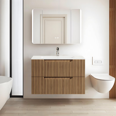 30" Walnut Modern Wall-Mounted Floating Bathroom Cabinet