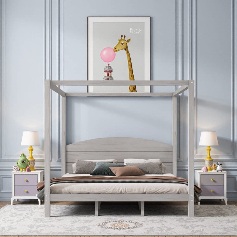 Très grand lit plateforme à baldaquin gris avec tête de lit - Pièce maîtresse moderne, Gris lessivé