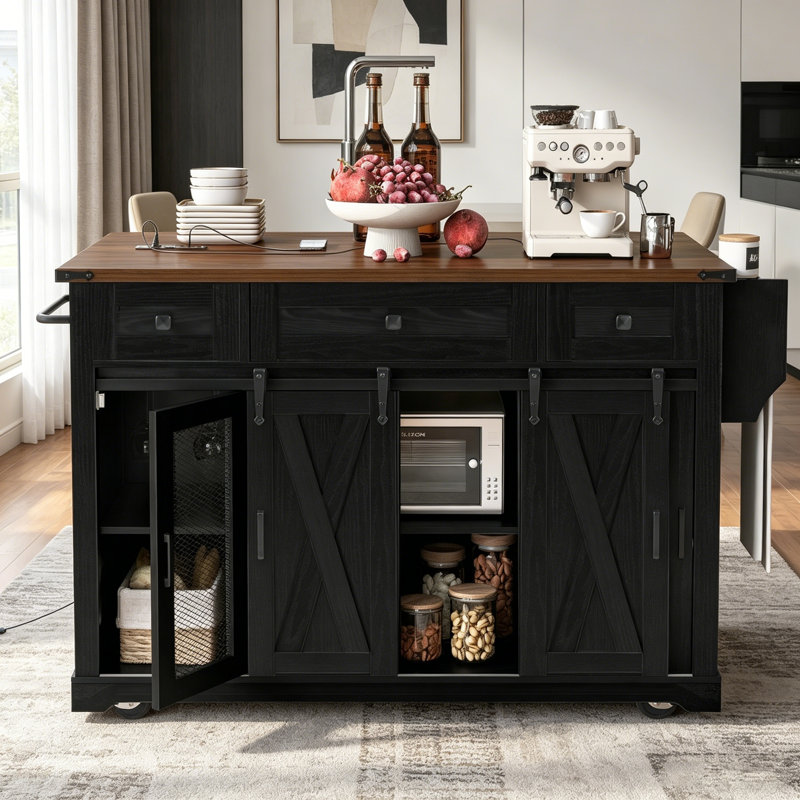 Farmhouse Kitchen Island with Storage, Sliding Barn Doors, Metal Grid Side Door, and Rolling Wheels for Versatile Use, Black