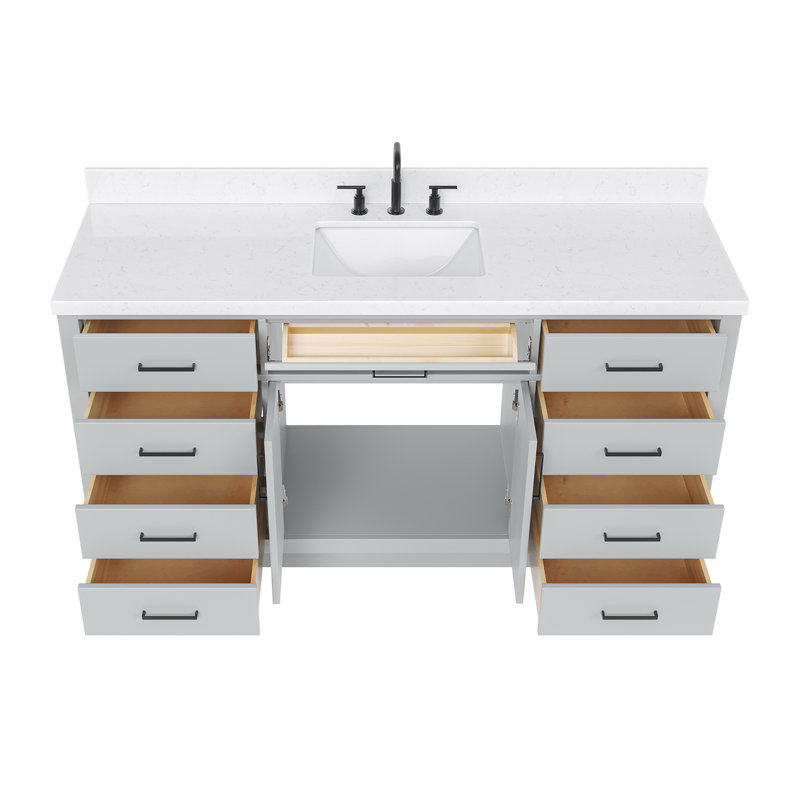 Meuble-lavabo simple en bois massif 66 po avec plateau en quartz Carrara de 1,5 po Thornaby, Gris, Forme rectangulaire