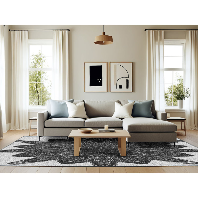 Tapis noir/gris tissé à la machine, Rectangle 6 pi x 9 pi