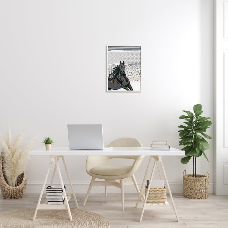 Cheval au galop - impression sur toile, Giclée encadrée blanc bord de mer, H 20 po x l 16 po