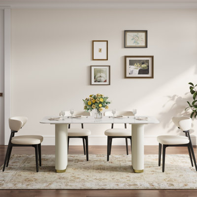 Modern 68.5 Inch Marble Dining Table With Elegant Fluted Pedestal Base And Gold Accents For Stylish Home Dining Room Or Kitchen