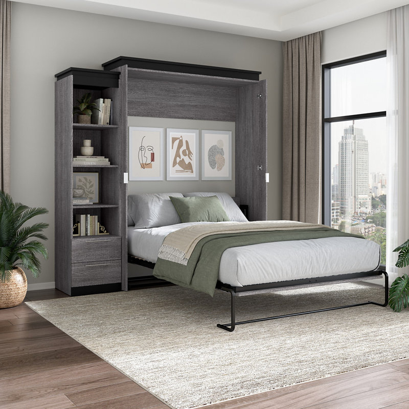Grand lit escamotable Ailé et étagère étroite avec tiroirs (85 W), Écorce gris