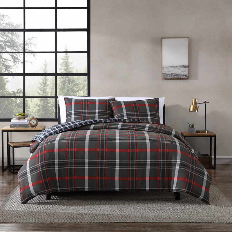 Willow Plaid Reversible Gray and Red Microfiber Queen Duvet Set