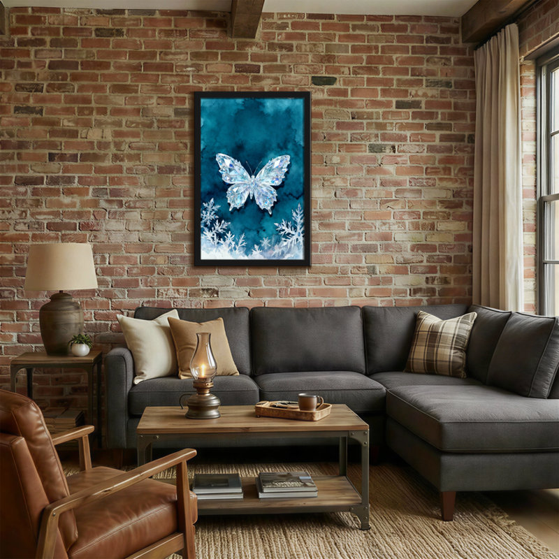 Papillon de Noël en cristal sur fond bleu sarcelle avec flocons de neige, H 36 po x l 24 po
