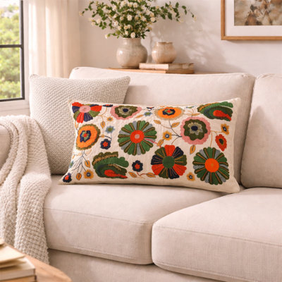 Decorative Embriodered Lumbar Pillow with Insert, Floral Design Pillow 24x14"