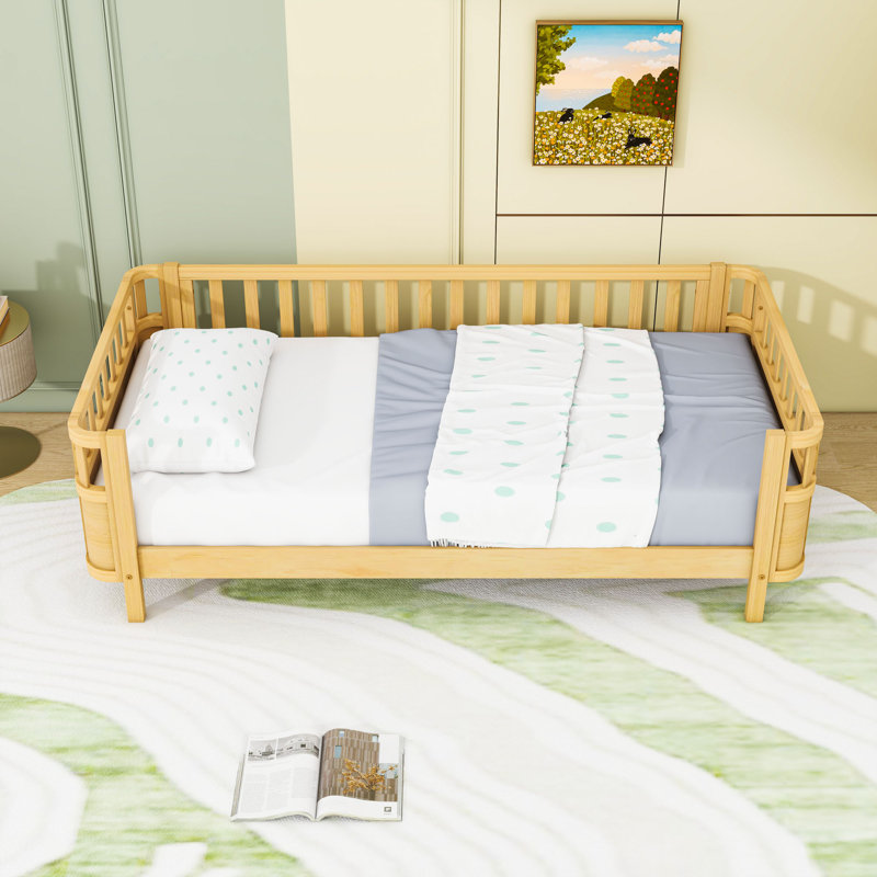 Wood Platform Bed with Safety Rails, Natural, Twin